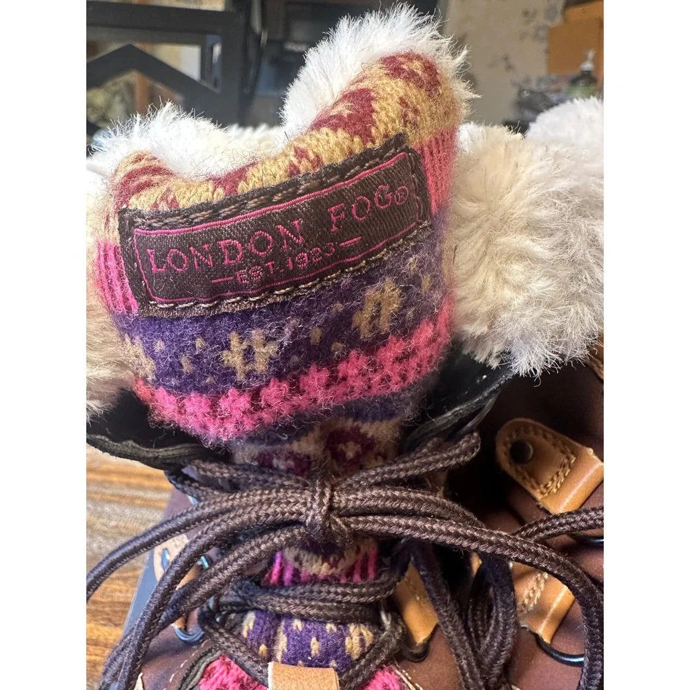 London Fog Snow Boots Kids Size 4 Tan Brown‎ Pink Fair Isle Faux Fur Lined